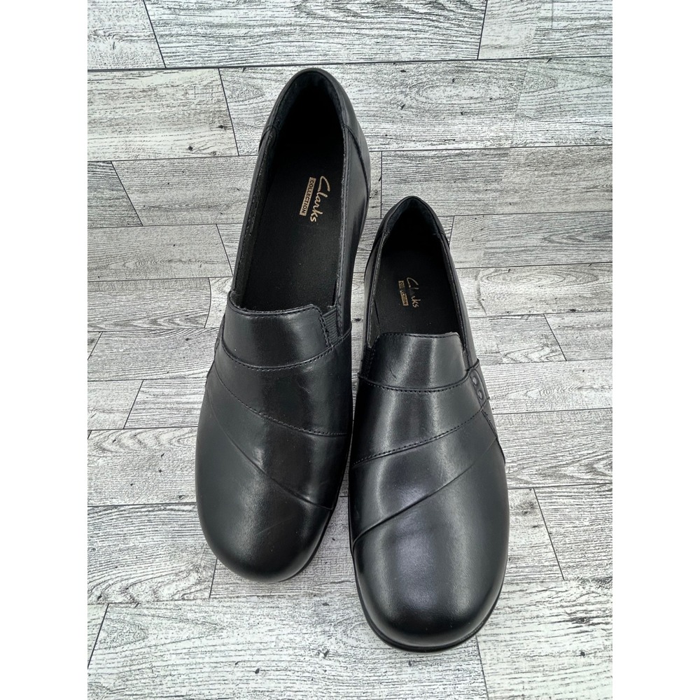Clarks Collection Black Leather Slip On Loafer Shoes Women 10 Wide‎